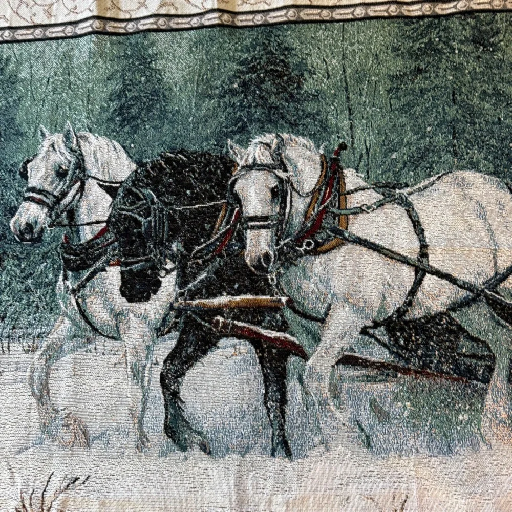 VTG C Cummings Horses Winter Sleigh Woven Tapestry Throw Blanket RARE White